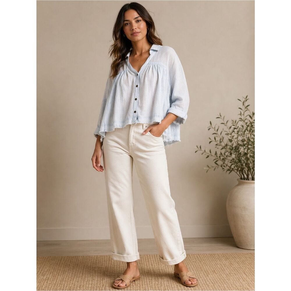 We The Free Light Blue And White Checked Button-Down Shirt